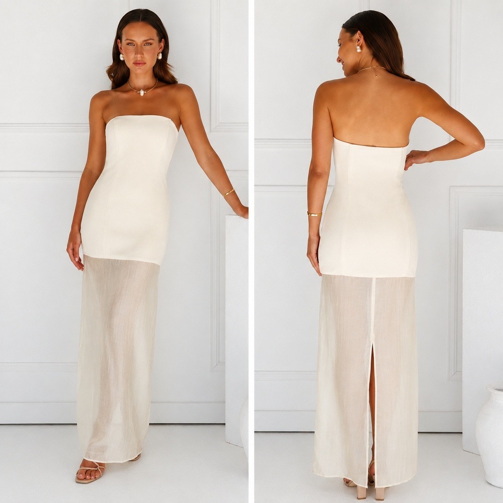 NWT SNDYS Chloe Sheer Strapless Maxi Dress S Chalk Minimalist Old Glamour Bridal